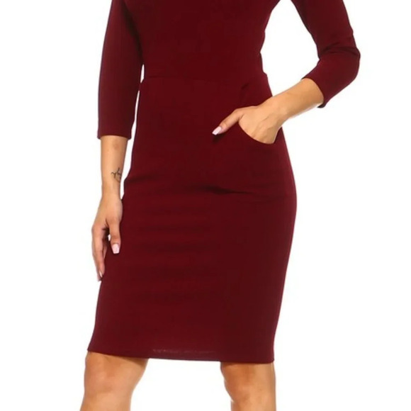Kangaroo Pockets Solid Red Bodycon Midi Dress Casual Church Office 7/8 Sleeves - Picture 3 of 5